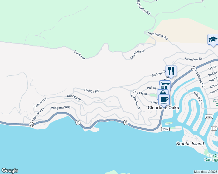 map of restaurants, bars, coffee shops, grocery stores, and more near 12200 Mount View Drive in Clearlake Oaks
