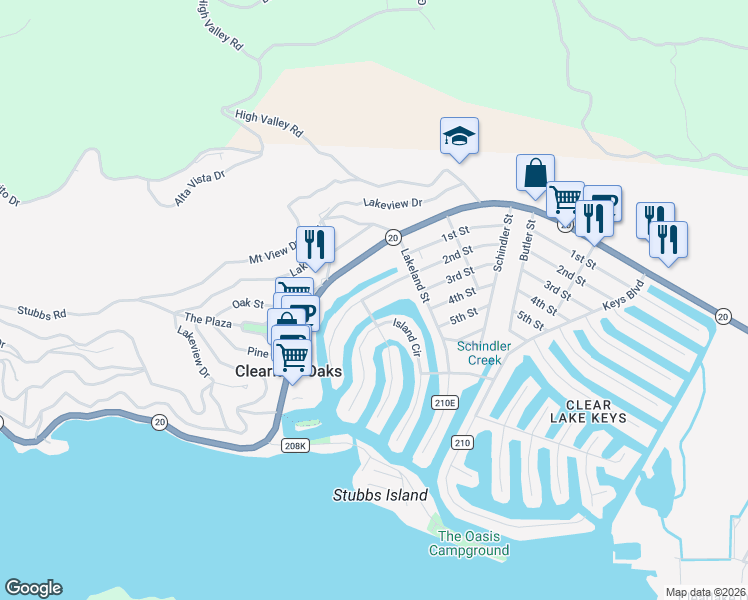 map of restaurants, bars, coffee shops, grocery stores, and more near 12723 Shoreview Drive in Clearlake Oaks