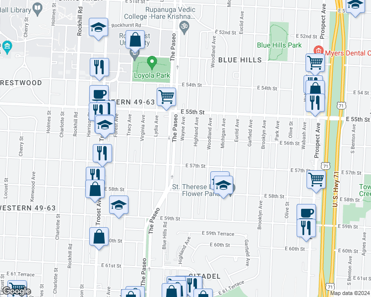 map of restaurants, bars, coffee shops, grocery stores, and more near 5619 Wayne Avenue in Kansas City