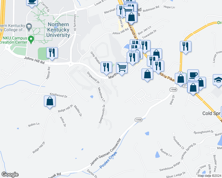 map of restaurants, bars, coffee shops, grocery stores, and more near 255 Salmon Pass in Cold Spring