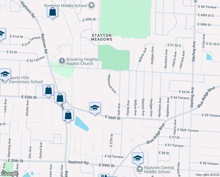 map of restaurants, bars, coffee shops, grocery stores, and more near 5431 Cedar Avenue in Raytown