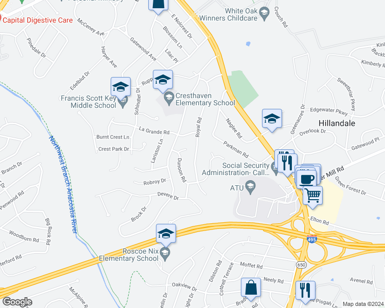 map of restaurants, bars, coffee shops, grocery stores, and more near 10316 Royal Road in Silver Spring