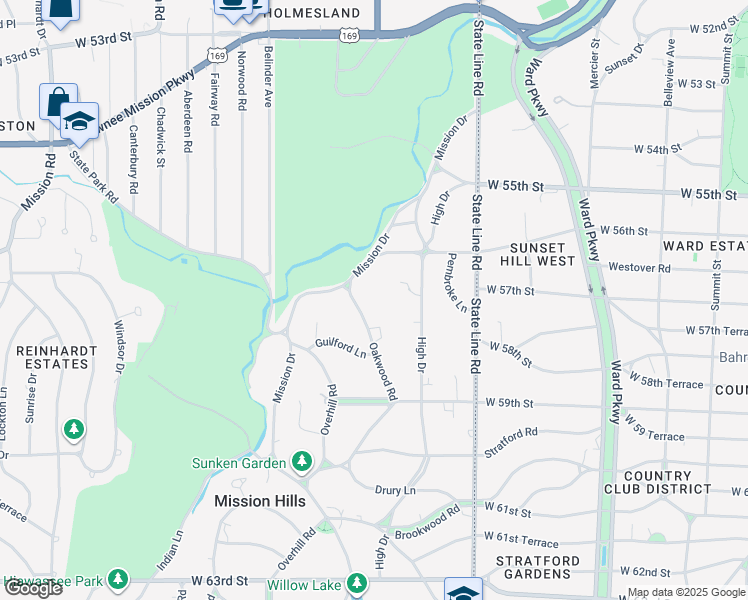 map of restaurants, bars, coffee shops, grocery stores, and more near 5701 Oakwood Road in Mission Hills