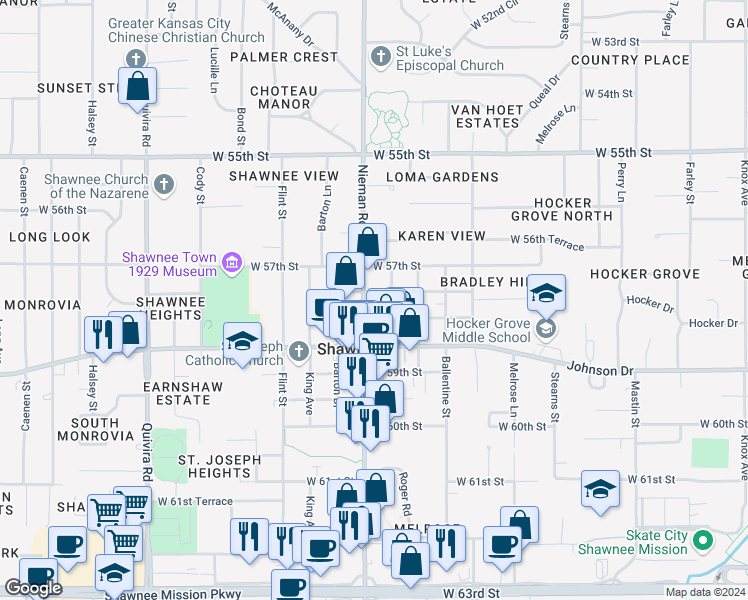 map of restaurants, bars, coffee shops, grocery stores, and more near in Shawnee