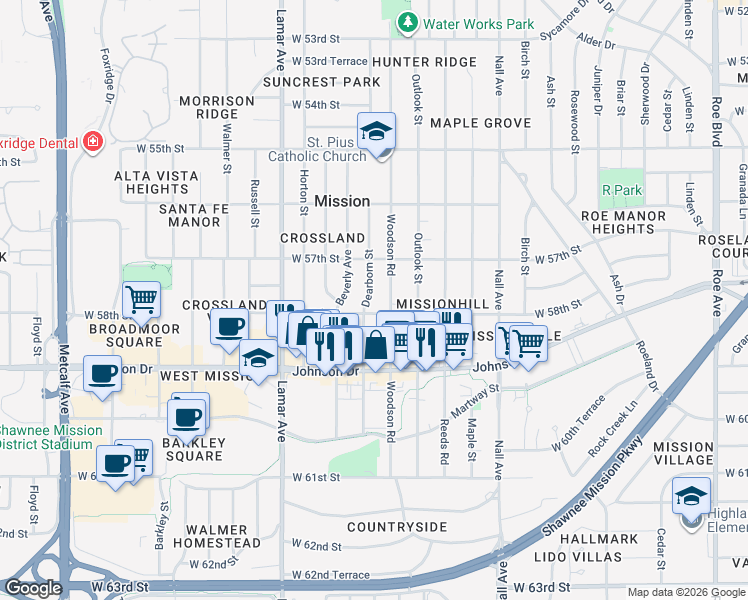 map of restaurants, bars, coffee shops, grocery stores, and more near 5912 West 58th Street in Mission