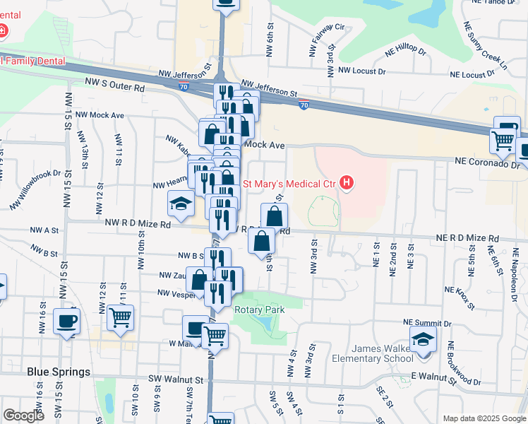 map of restaurants, bars, coffee shops, grocery stores, and more near 707 Northwest 5 Street in Blue Springs