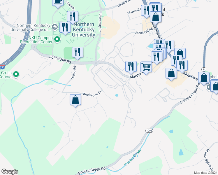 map of restaurants, bars, coffee shops, grocery stores, and more near 3 Timberview Court in Highland Heights