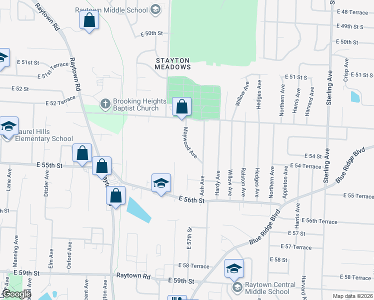 map of restaurants, bars, coffee shops, grocery stores, and more near 5431 Cedar Avenue in Raytown