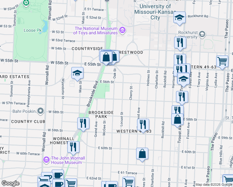 map of restaurants, bars, coffee shops, grocery stores, and more near 5642 Locust Street in Kansas City