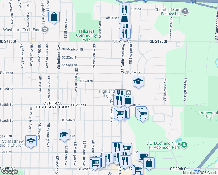 map of restaurants, bars, coffee shops, grocery stores, and more near 1805 Southeast 24th Street in Topeka