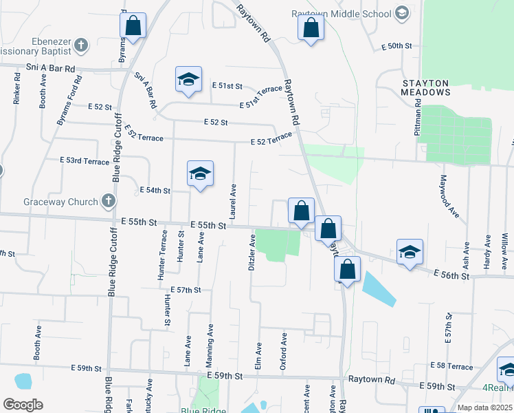 map of restaurants, bars, coffee shops, grocery stores, and more near 9219 East 54th Terrace in Raytown