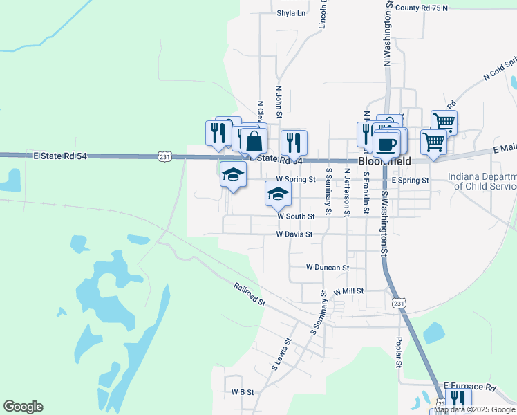 map of restaurants, bars, coffee shops, grocery stores, and more near 500 West South Street in Bloomfield