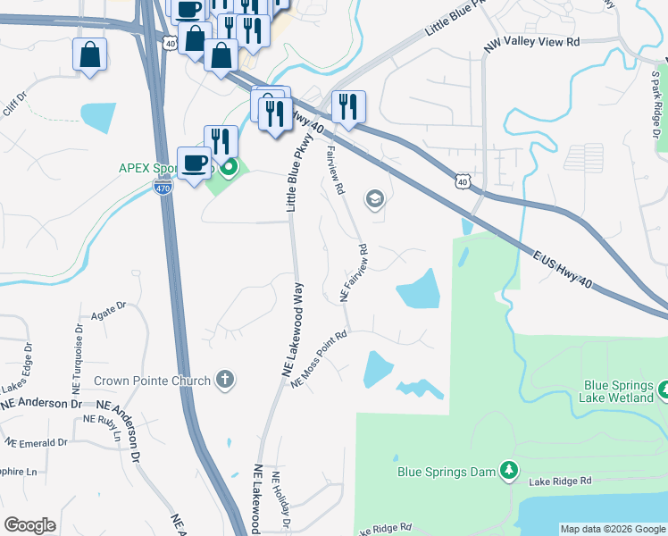 map of restaurants, bars, coffee shops, grocery stores, and more near 6117 Northeast Upper Wood Road in Lee's Summit