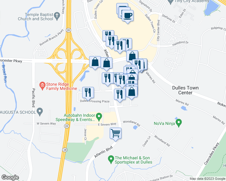 map of restaurants, bars, coffee shops, grocery stores, and more near 20176 Dulles Crossing Plaza in Sterling