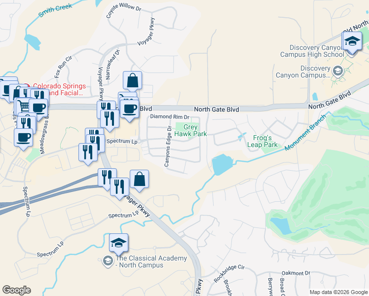 map of restaurants, bars, coffee shops, grocery stores, and more near 959 Fire Rock Place in Colorado Springs