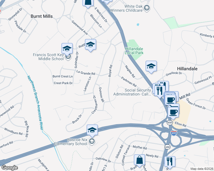 map of restaurants, bars, coffee shops, grocery stores, and more near 10316 Royal Road in Silver Spring