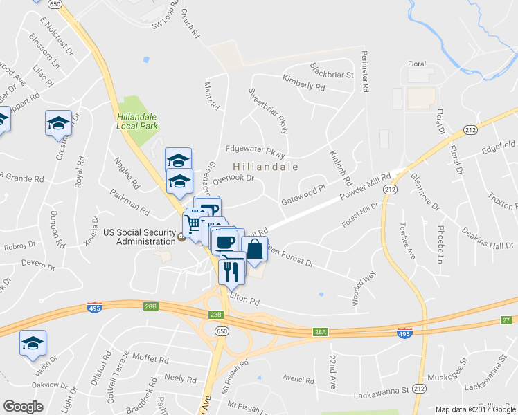 map of restaurants, bars, coffee shops, grocery stores, and more near 1750 Overlook Drive in Silver Spring