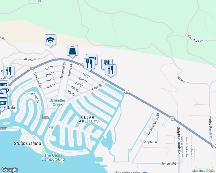 map of restaurants, bars, coffee shops, grocery stores, and more near 13418 Marina Village in Clearlake Oaks
