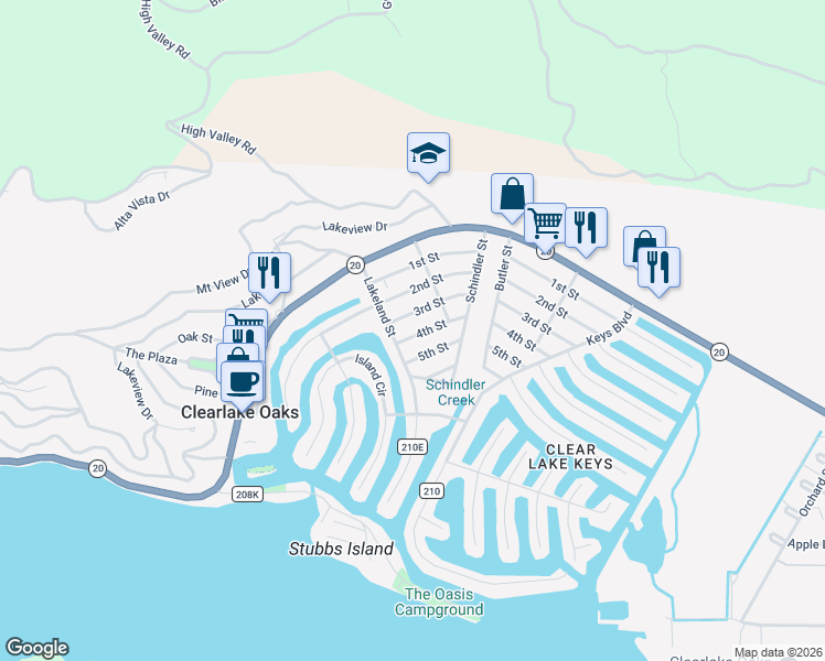 map of restaurants, bars, coffee shops, grocery stores, and more near 12886 4th Street in Clearlake Oaks