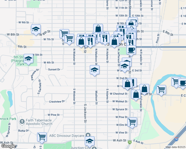 map of restaurants, bars, coffee shops, grocery stores, and more near 410 West 2nd Street in Junction City