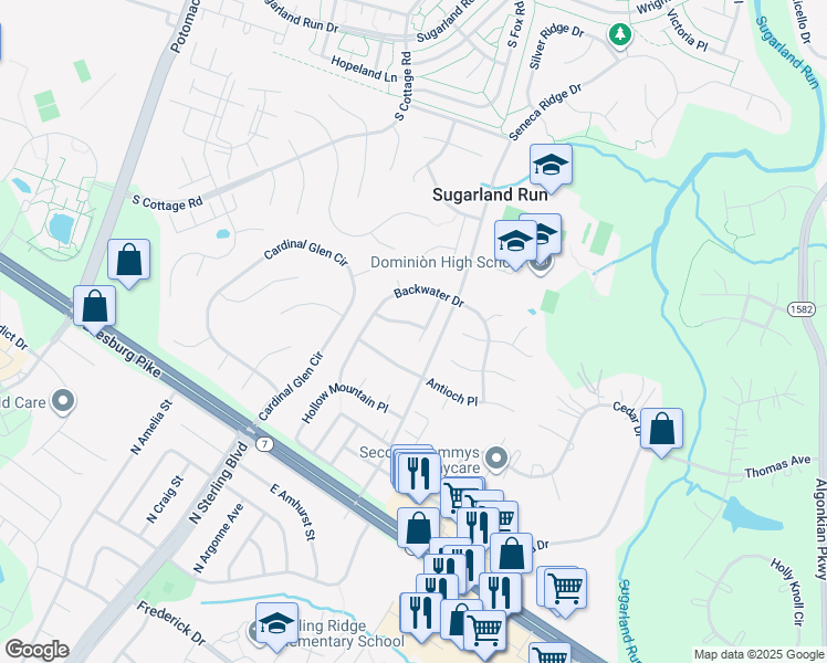 map of restaurants, bars, coffee shops, grocery stores, and more near 21345 Flatwood Place in Sterling