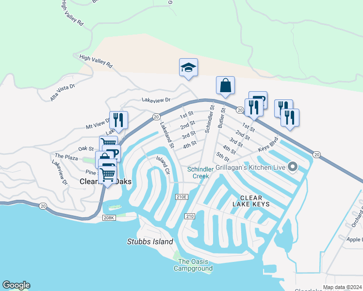 map of restaurants, bars, coffee shops, grocery stores, and more near 12886 4th Street in Clearlake Oaks