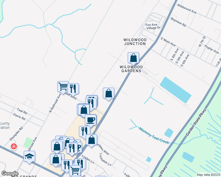 map of restaurants, bars, coffee shops, grocery stores, and more near 3125 Route 9 South in Middle Township