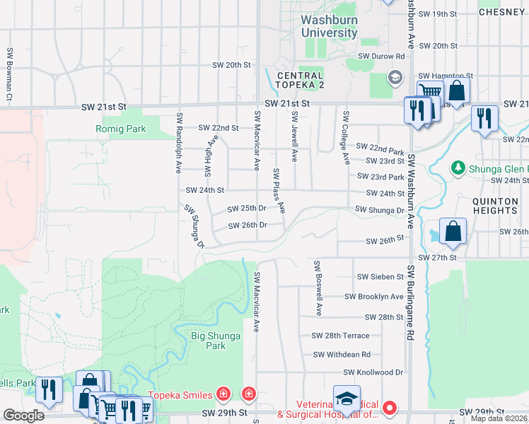 map of restaurants, bars, coffee shops, grocery stores, and more near 2321 Southwest 26th Drive in Topeka