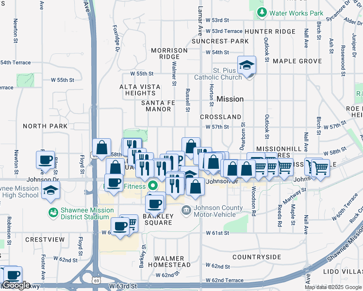 map of restaurants, bars, coffee shops, grocery stores, and more near 5801 Walmer Street in Mission