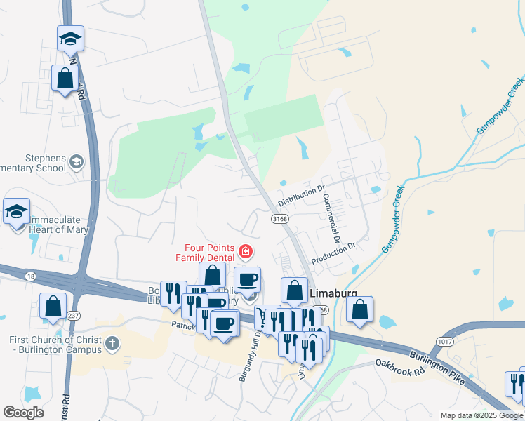 map of restaurants, bars, coffee shops, grocery stores, and more near 5637 Limaburg Road in Burlington