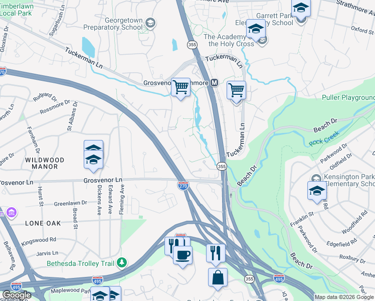 map of restaurants, bars, coffee shops, grocery stores, and more near 10201 Grosvenor Place in Rockville