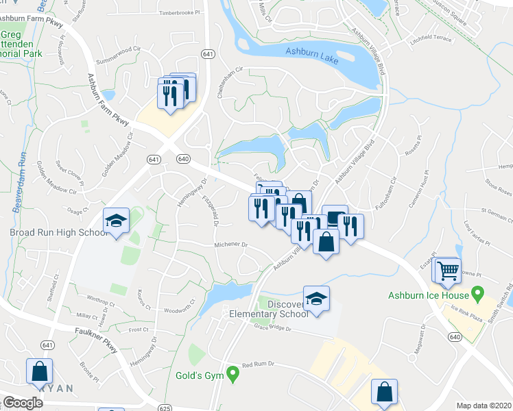 map of restaurants, bars, coffee shops, grocery stores, and more near 43951 Farmwell Road in Ashburn