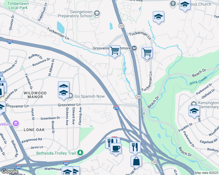 map of restaurants, bars, coffee shops, grocery stores, and more near 10326 Grosvenor Place in Rockville