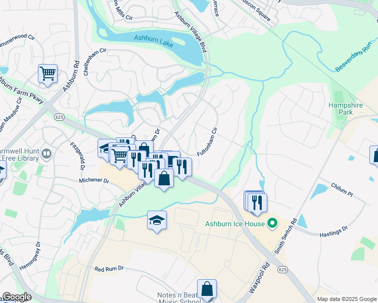 map of restaurants, bars, coffee shops, grocery stores, and more near 21375 Fultonham Circle in Ashburn