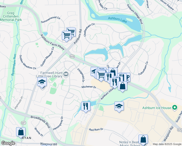 map of restaurants, bars, coffee shops, grocery stores, and more near 43877 Sandburg Square in Ashburn