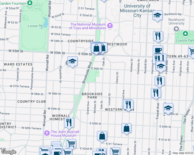 map of restaurants, bars, coffee shops, grocery stores, and more near 304 East 57th Street in Kansas City