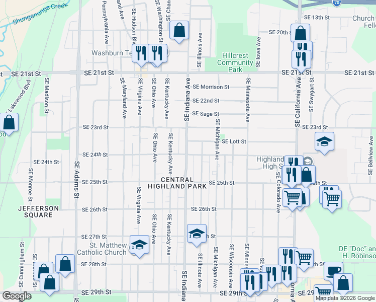 map of restaurants, bars, coffee shops, grocery stores, and more near 2401 Southeast Indiana Avenue in Topeka