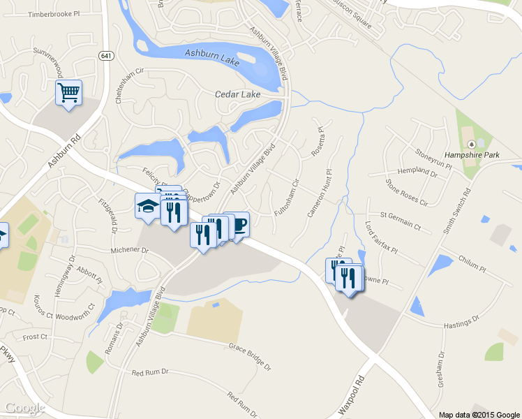 map of restaurants, bars, coffee shops, grocery stores, and more near 21375 Fultonham Circle in Ashburn