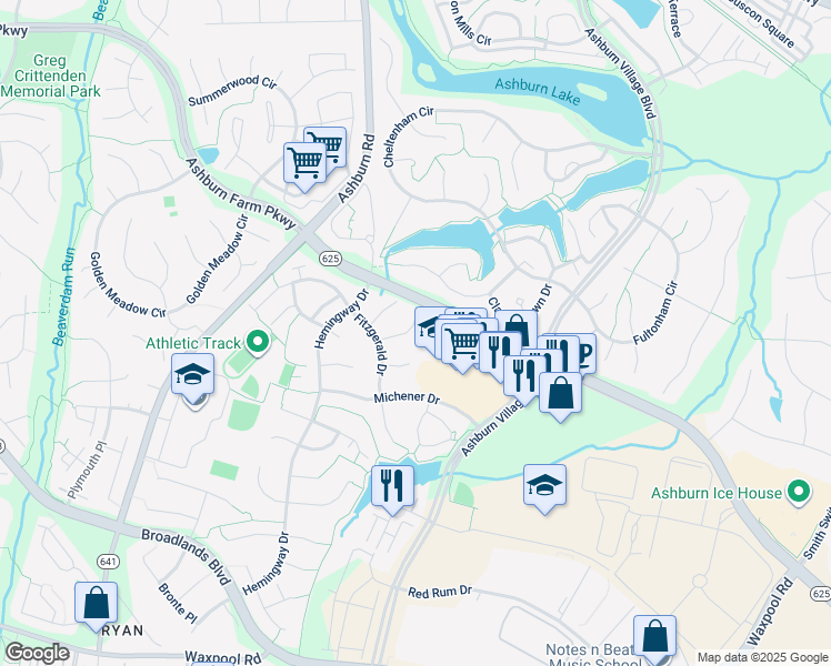 map of restaurants, bars, coffee shops, grocery stores, and more near 43877 Sandburg Square in Ashburn