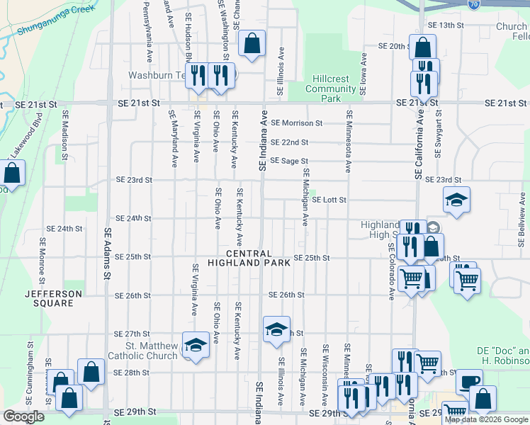 map of restaurants, bars, coffee shops, grocery stores, and more near 2401 Southeast Indiana Avenue in Topeka