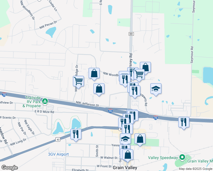 map of restaurants, bars, coffee shops, grocery stores, and more near 1242 Northwest Phelps Drive in Grain Valley