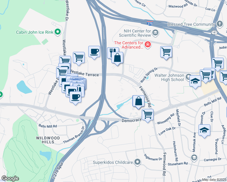 map of restaurants, bars, coffee shops, grocery stores, and more near 5701 Rockledge Drive in North Bethesda