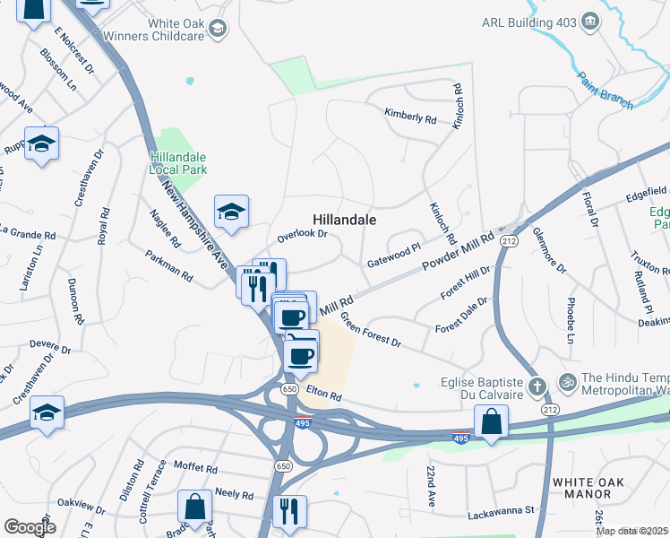 map of restaurants, bars, coffee shops, grocery stores, and more near 1750 Overlook Drive in Silver Spring