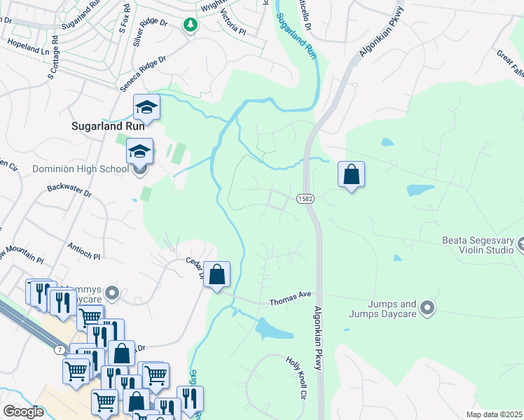 map of restaurants, bars, coffee shops, grocery stores, and more near 21363 Sparrow Place in Sterling