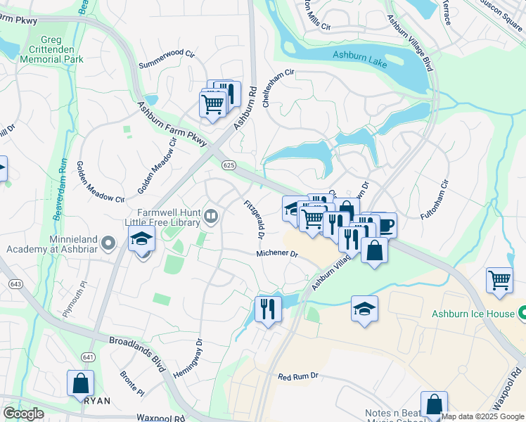map of restaurants, bars, coffee shops, grocery stores, and more near 43850 Sandburg Square in Ashburn