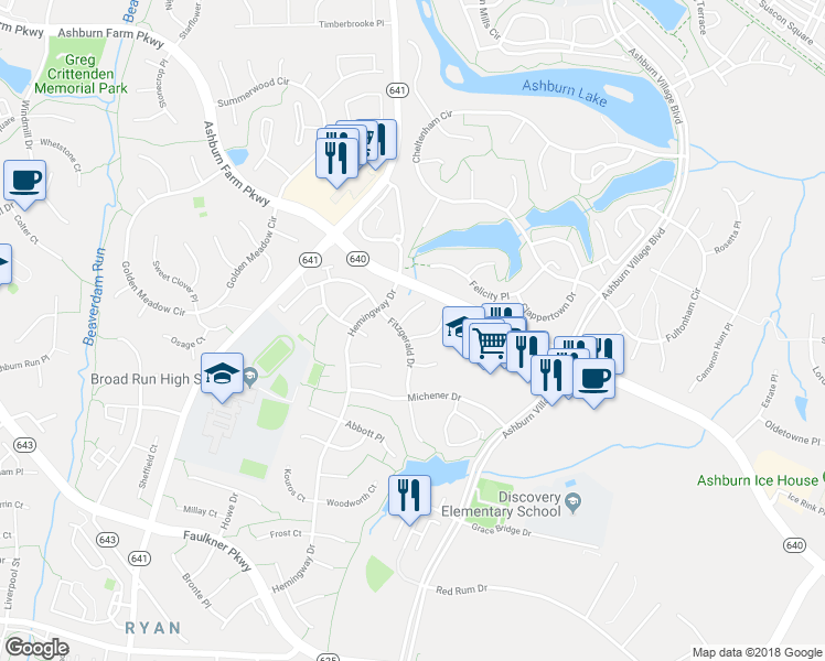map of restaurants, bars, coffee shops, grocery stores, and more near 43850 Sandburg Square in Ashburn