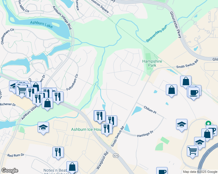 map of restaurants, bars, coffee shops, grocery stores, and more near 44284 Lord Fairfax Place in Ashburn