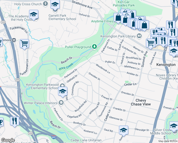map of restaurants, bars, coffee shops, grocery stores, and more near 4521 Dresden Street in Kensington
