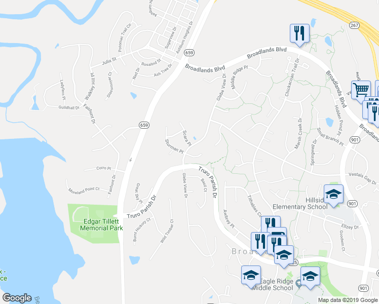 map of restaurants, bars, coffee shops, grocery stores, and more near 42650 Kitchen Prim Court in Ashburn