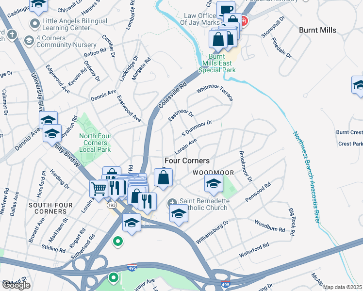map of restaurants, bars, coffee shops, grocery stores, and more near 10506 Lorain Avenue in Silver Spring
